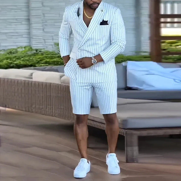 British Style Casual Black Striped Men's Shorts Suit