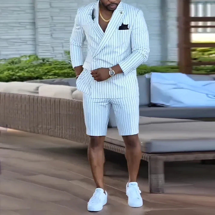 British Style Casual Black Striped Men's Shorts Suit