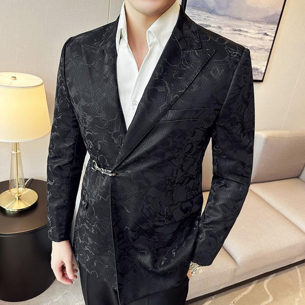 Men's Casual Suit Hook Placket Closure Collar Leather Texture Suit