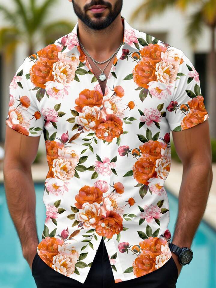 Hawaiian Tropical Floral Printed Casual Men's Shirt