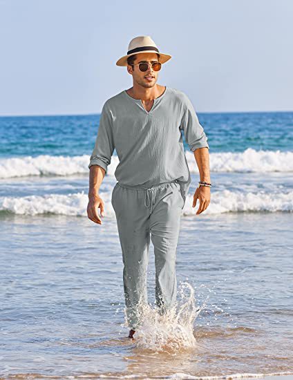 Men's Casual Solid Color Elastic Cotton Linen Two-Piece Suit