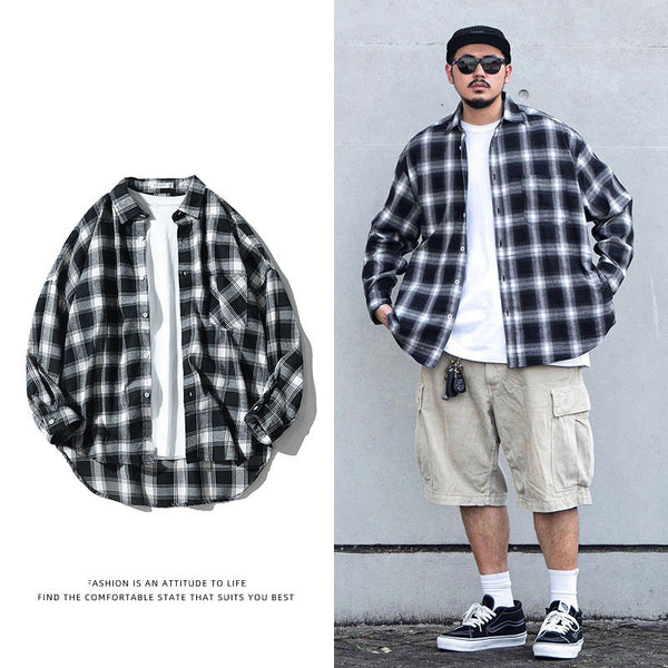 Japanese Style Plaid Long Sleeve Shirt men