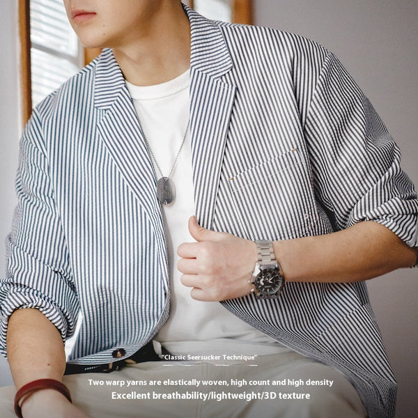 Seersucker Striped Flat Collar Blazer