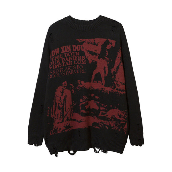 American Street Retro Graffiti Character Brocade Sweater