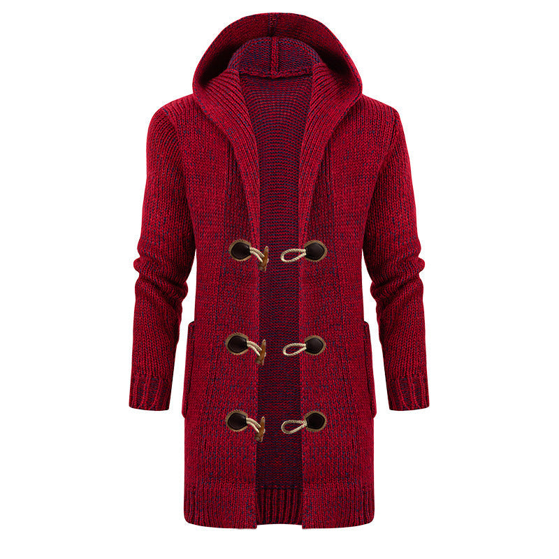 Cardigan Hooded Long Sweater With Horn Buttons