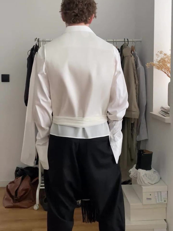 Solid Color Tassel Belt Vest & Long Sleeve Shirt Two-Piece Set