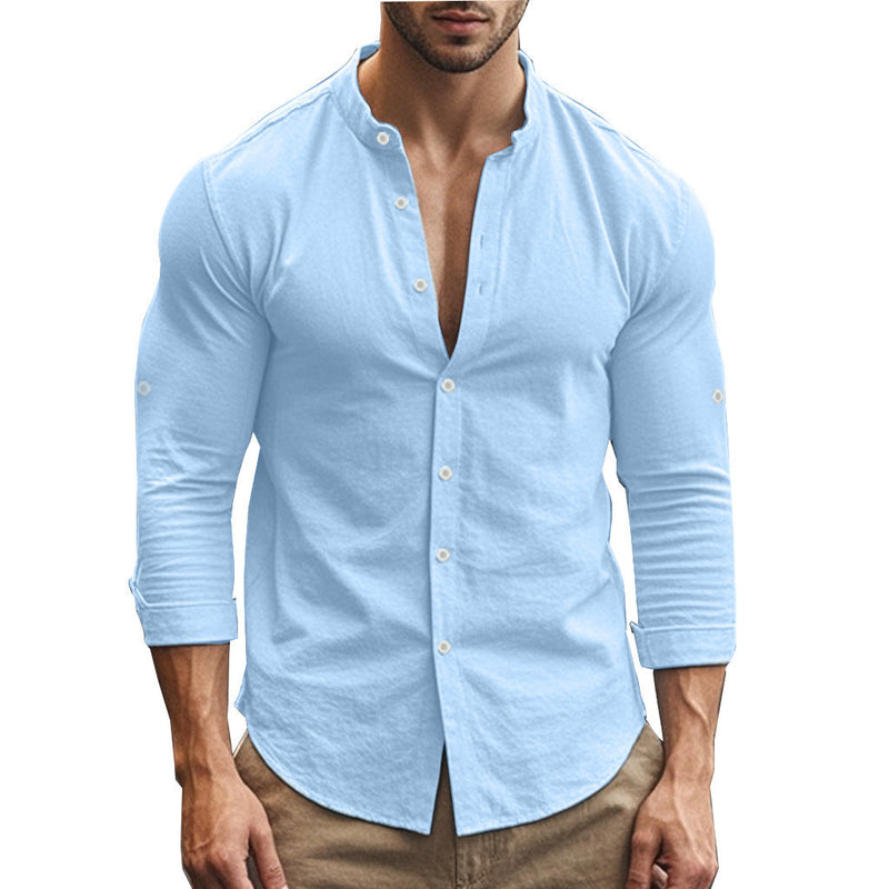 Standing Collar Solid Color Casual Cotton Linen Shirt