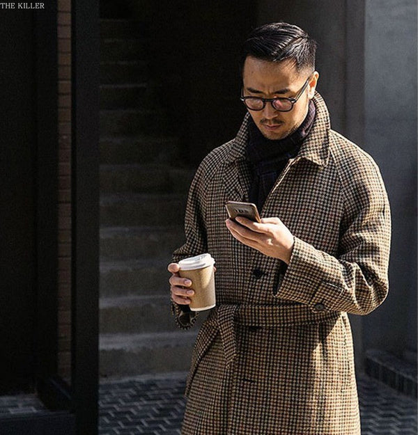 Vintage Gentleman Houndstooth Men's Woolen Coat
