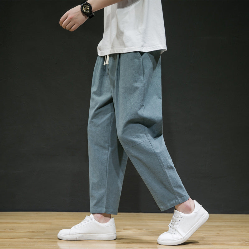 Men's Cotton And Linen Loose Linen Straight-leg Cropped Trousers