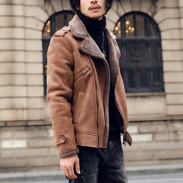 Men's Fashionable Faux Suede Lamb Fur Coat