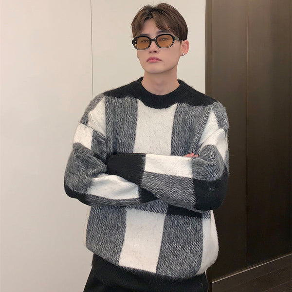 Plaid Color Contrast Crewneck Sweater Men