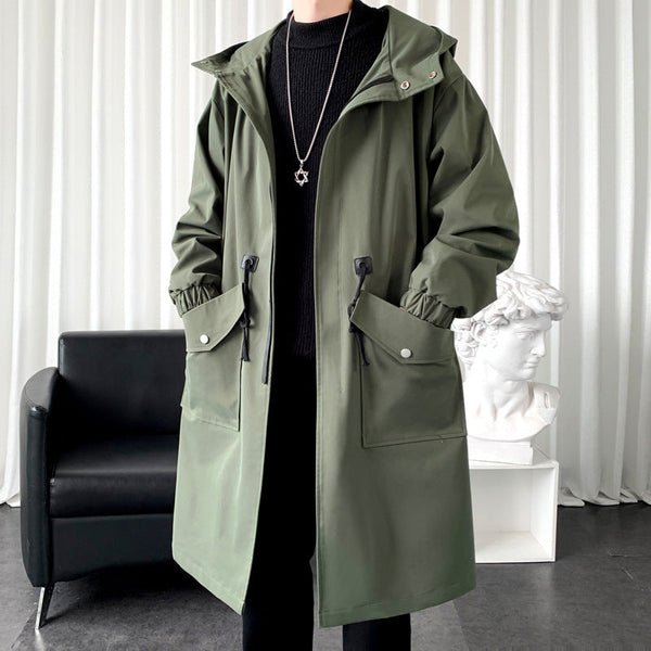 Men's New Windbreaker Long Hooded Big Pocket Jacket
