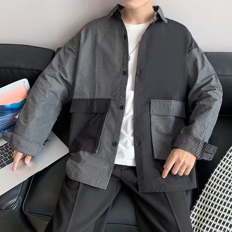Patchwork Contrast Loose Long Sleeve Men's Shirt