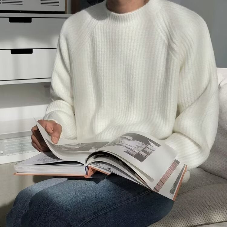 Retro Solid Color Round Neck Vertical Pattern Sweater men