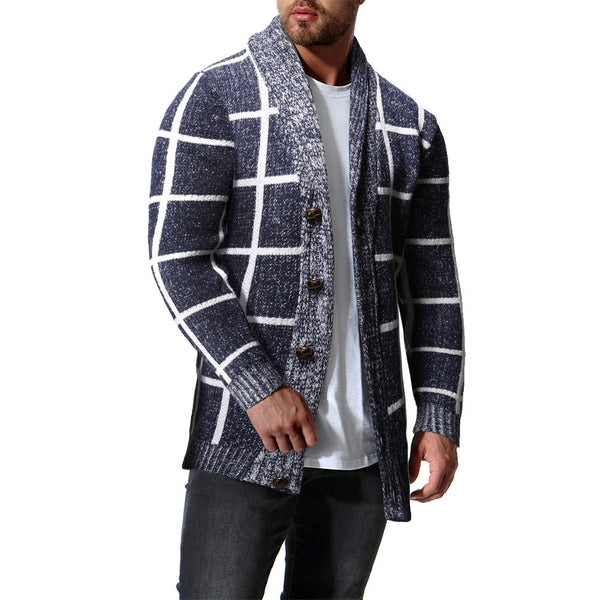 Men's Winter Color Matching Plaid Cardigan Sweater