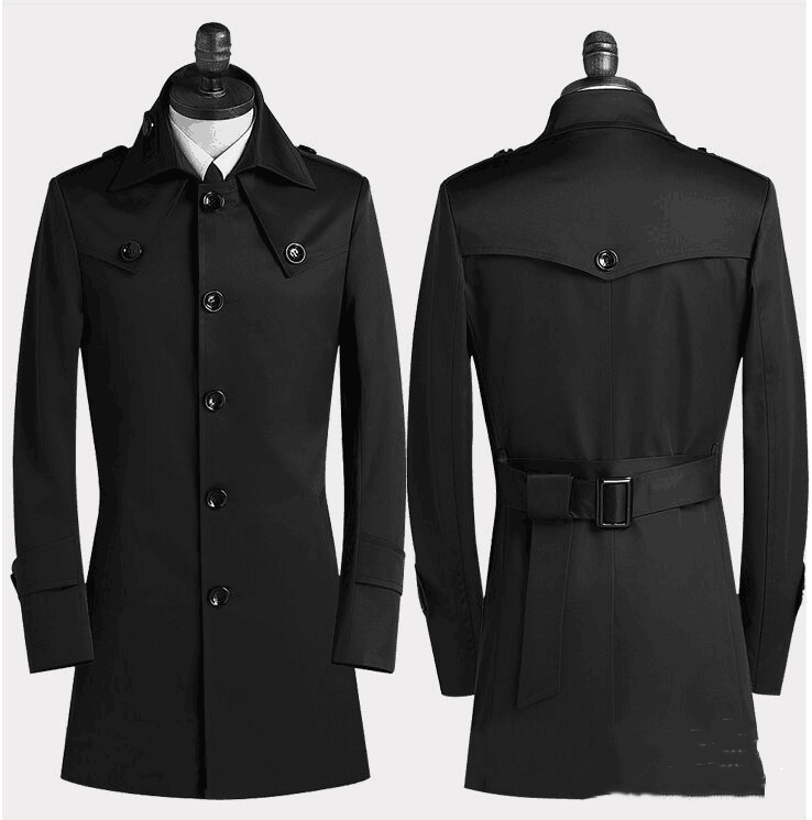 Men's Lapel Trench Coat Slim Single Breasted Medium Length