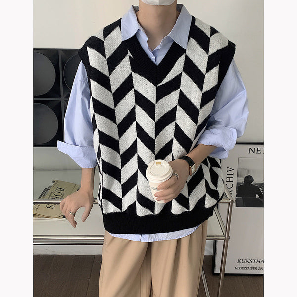 Simple Literary And Artistic Diamond Lattice Casual V-neck Vest For Men