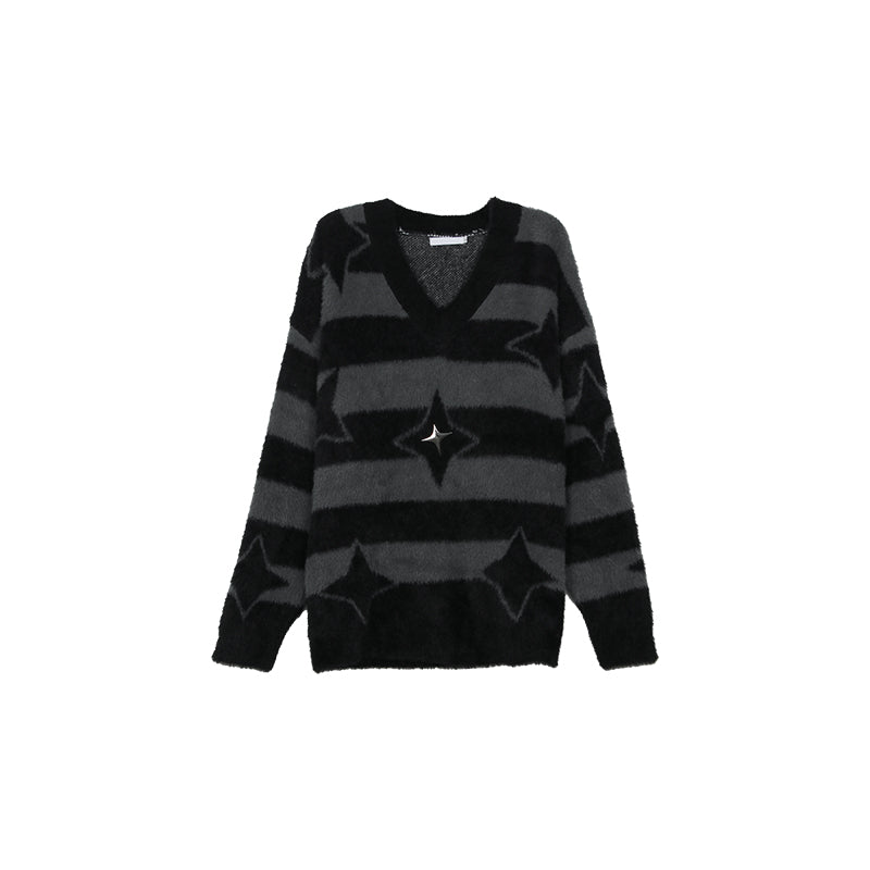 Striped Contrasting Color V-neck Sweater Men Loose Casual Style