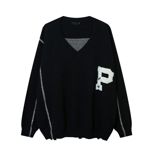 High Street Broken V-Neck Black Sweater Men