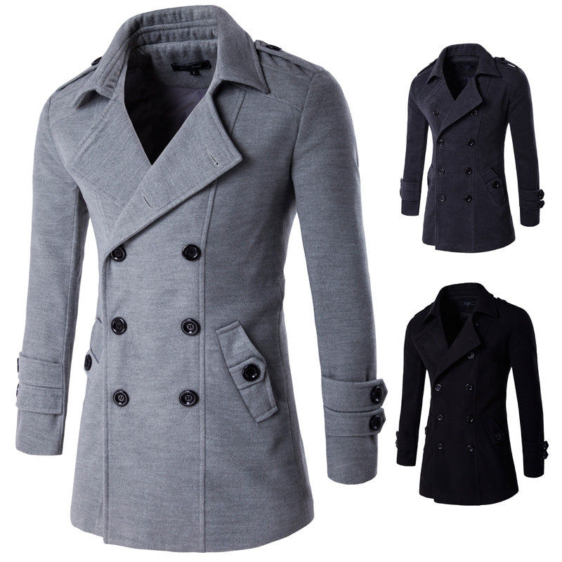 Men's Casual Long-sleeved mid length trench Coat