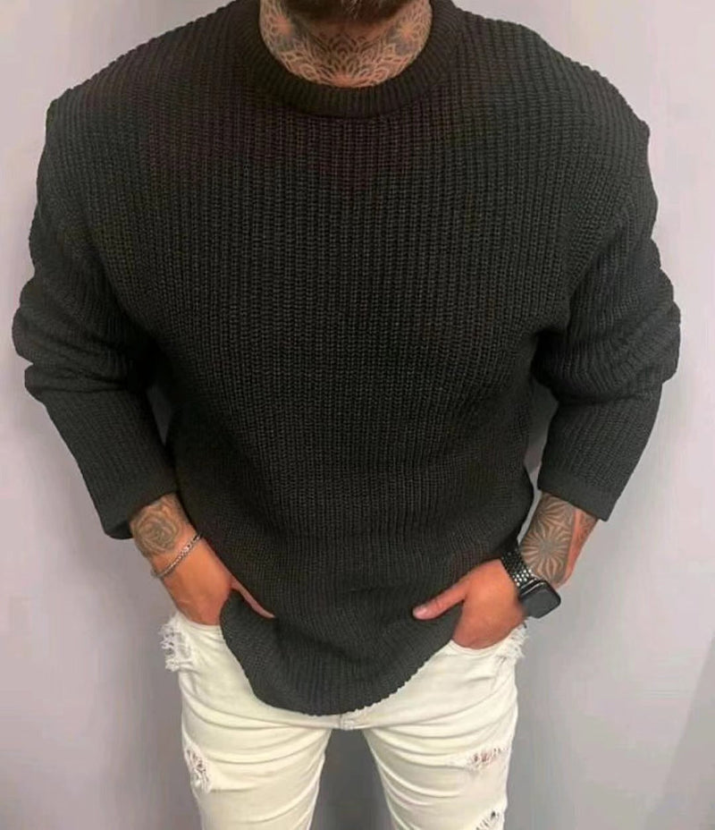 Men's Solid Color Waffle Round Neck Pullover sweater