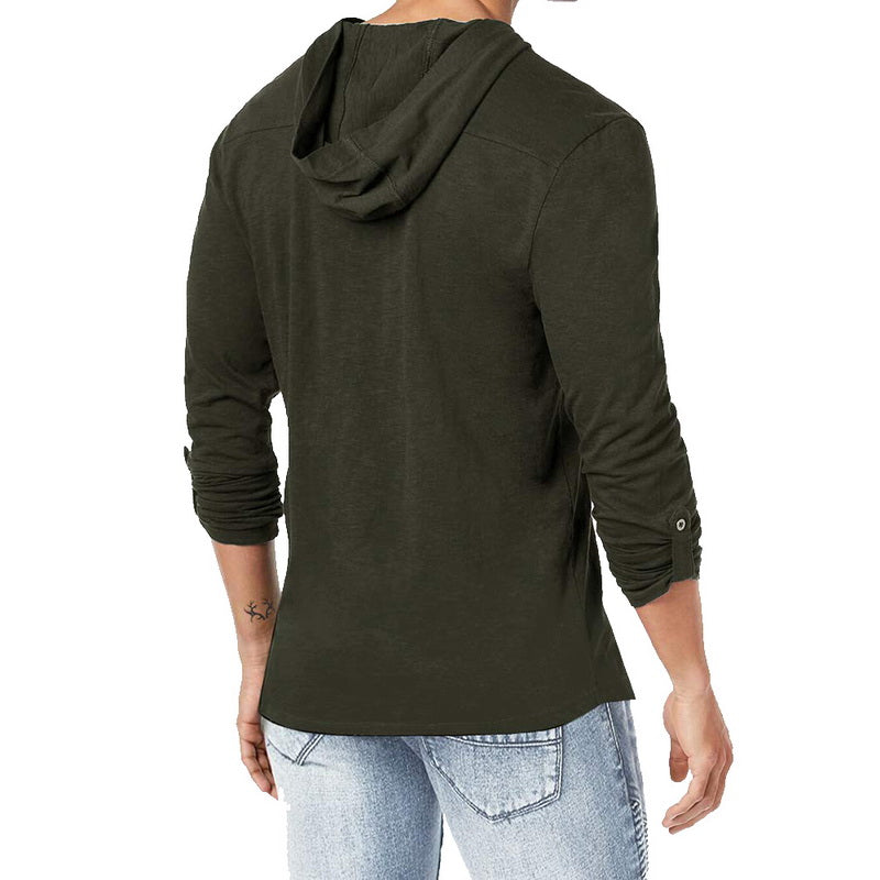 Men's Hooded Tee Long Sleeve Cotton Henley
