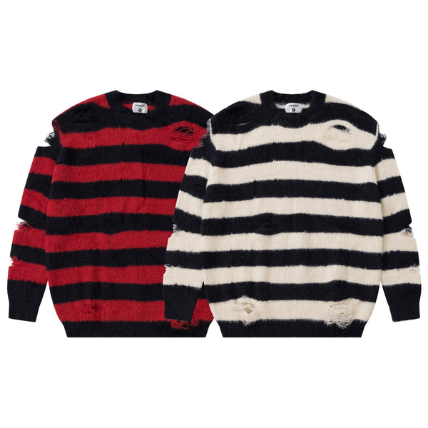Striped Round Neck Ripped Pullover Sweater