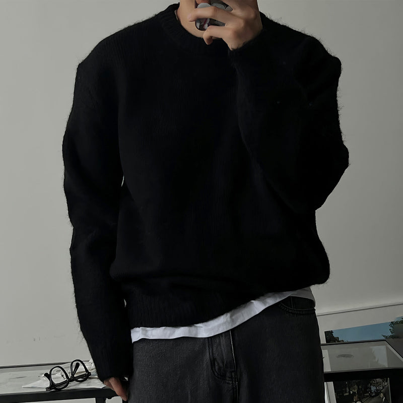 Solid Color Drop-shoulder Round Neck Sweater Men