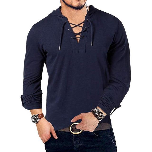 Men's Hooded Tee Long Sleeve Cotton Henley