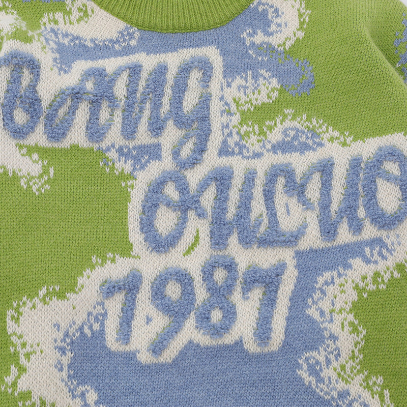 Men's Loose Contrast Color Flocking Letter Pullover Sweater