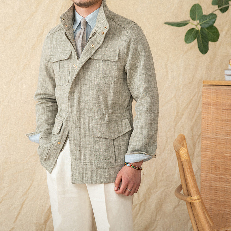 Cotton And Linen Stand-up Collar Cinched Safari Jacket