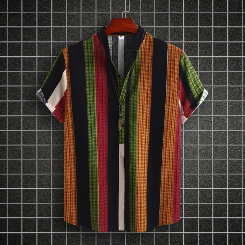 Men's Stand Collar Ethnic Style Striped Cotton-linen Shirt