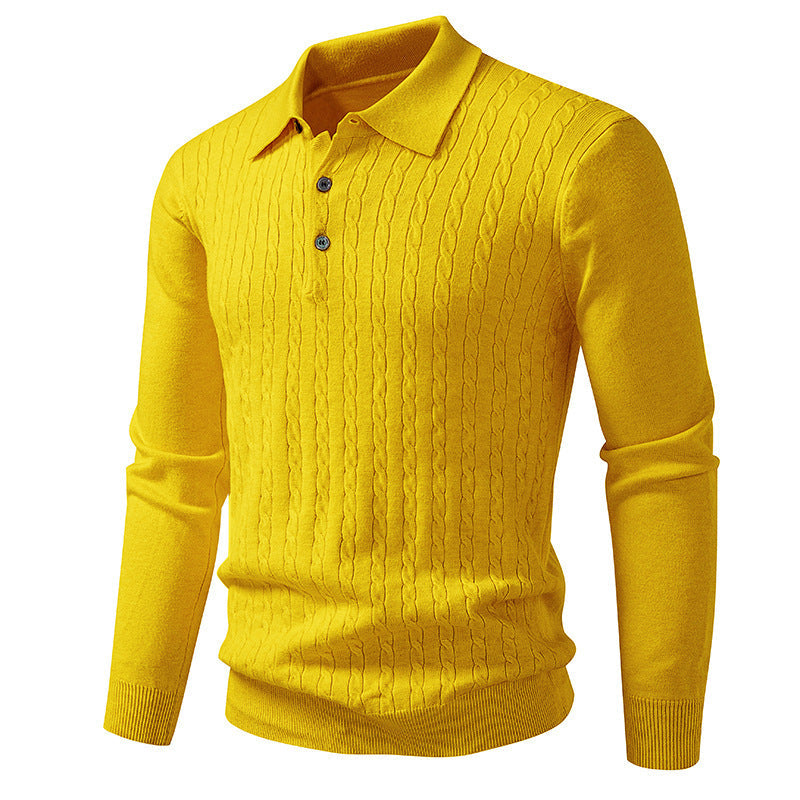 Twisted Flower Cardigan Solid Color Polo Collar Knitted Sweater Men