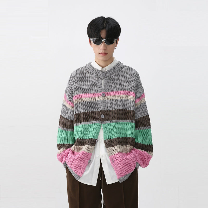 Autumn And Winter Men's Long-sleeve Cardigan Sweater Striped Coat