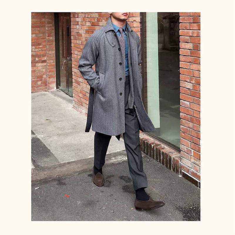 Men's Herringbone Wool Slim Fit Mid Length trench Coat