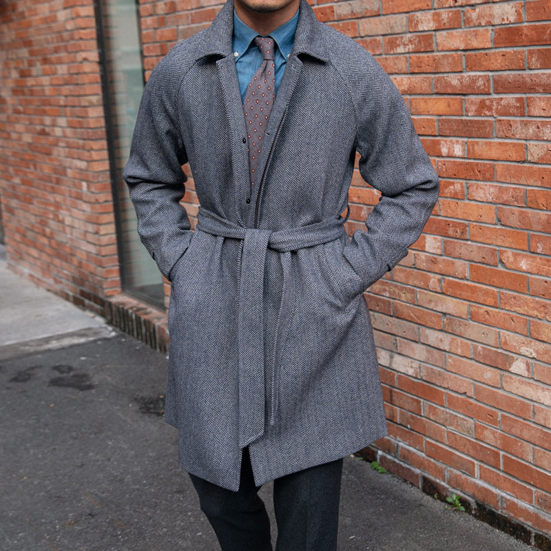 Men's Herringbone Wool Slim Fit Mid Length trench Coat