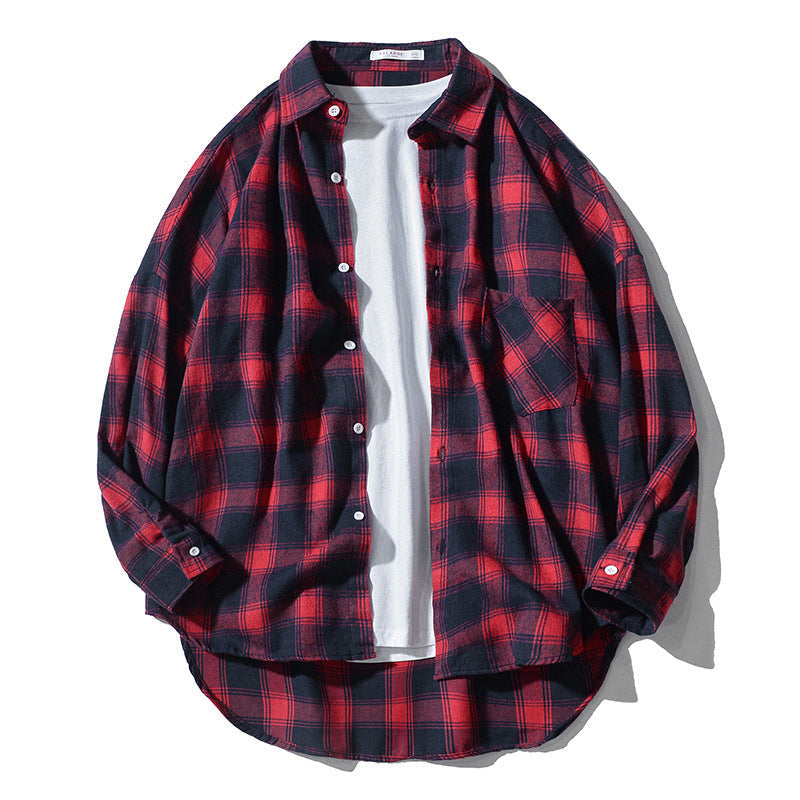 Japanese Style Plaid Long Sleeve Shirt men