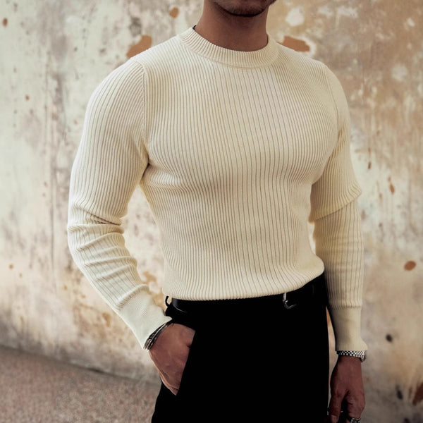 Men's Round Neck Solid Color Striped Long-sleeved Sweater