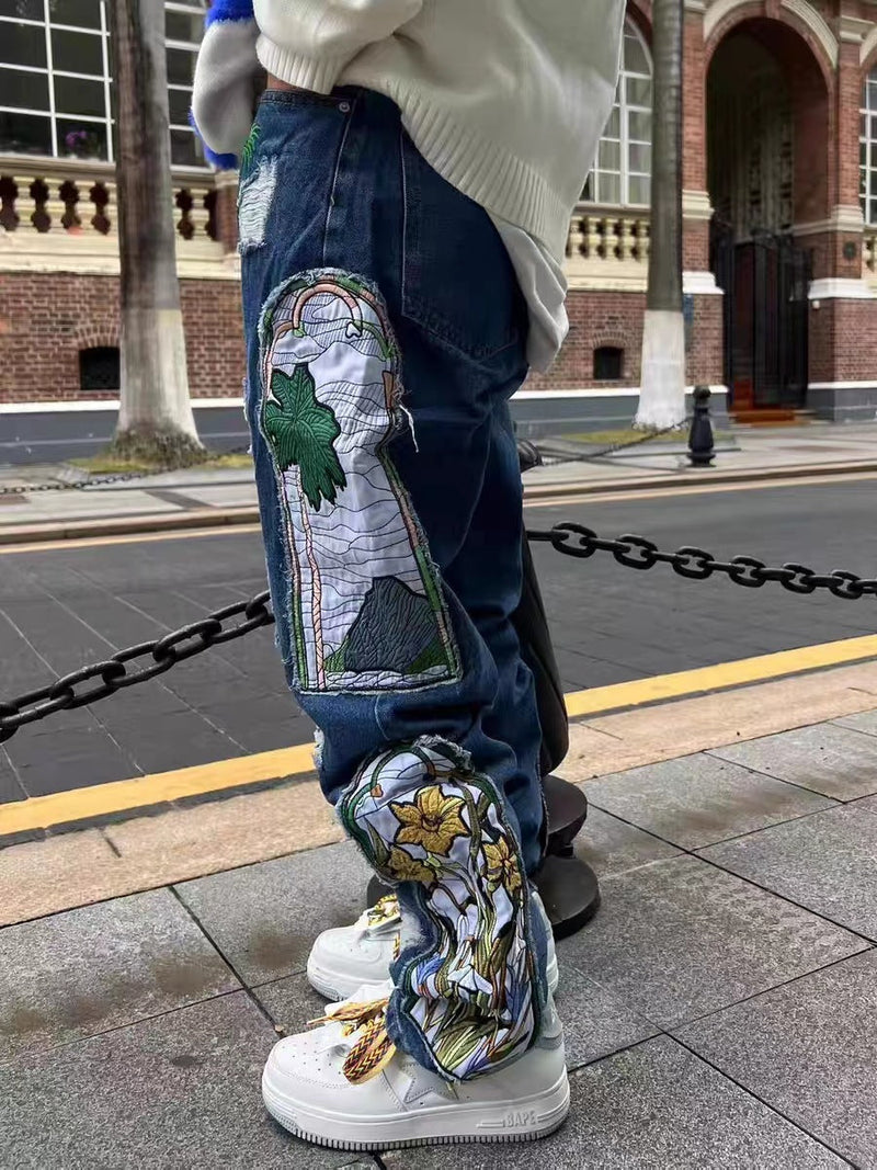 Loose Embroidery Patch Straight-leg Denim Trousers
