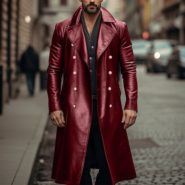Double-breasted Leather Long Trench Coat