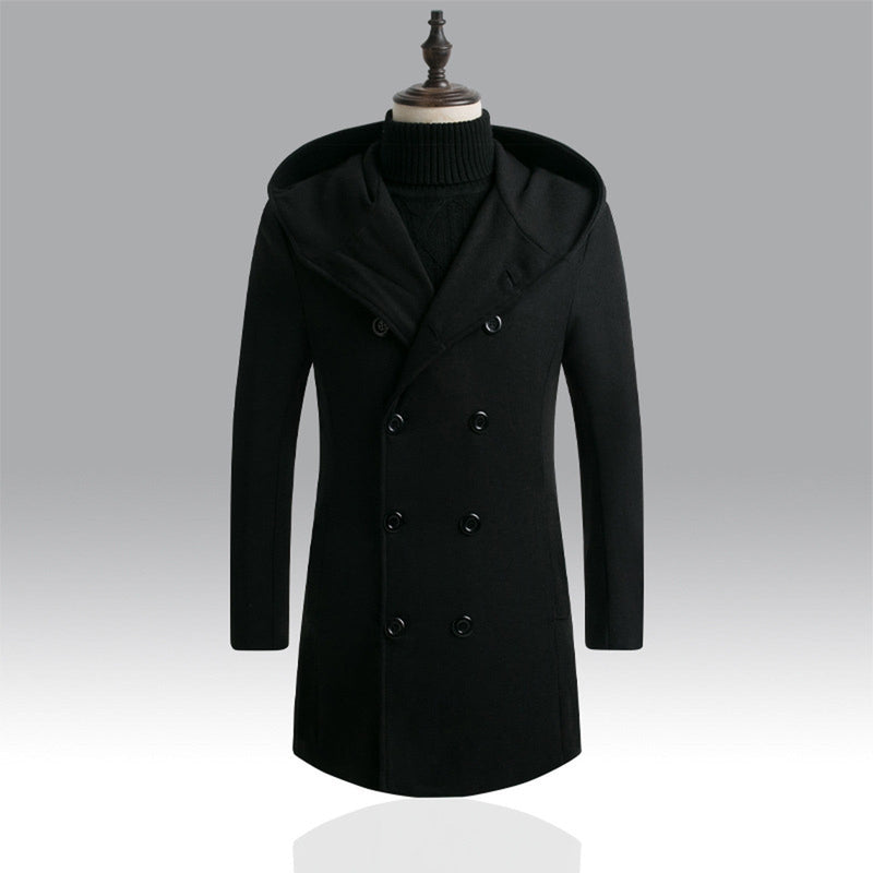 Men's Mid-Length Woolen Padded Hooded Trench Coat