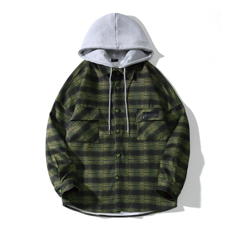 Hooded Plaid Shirt Men's Loose Casual Jacket