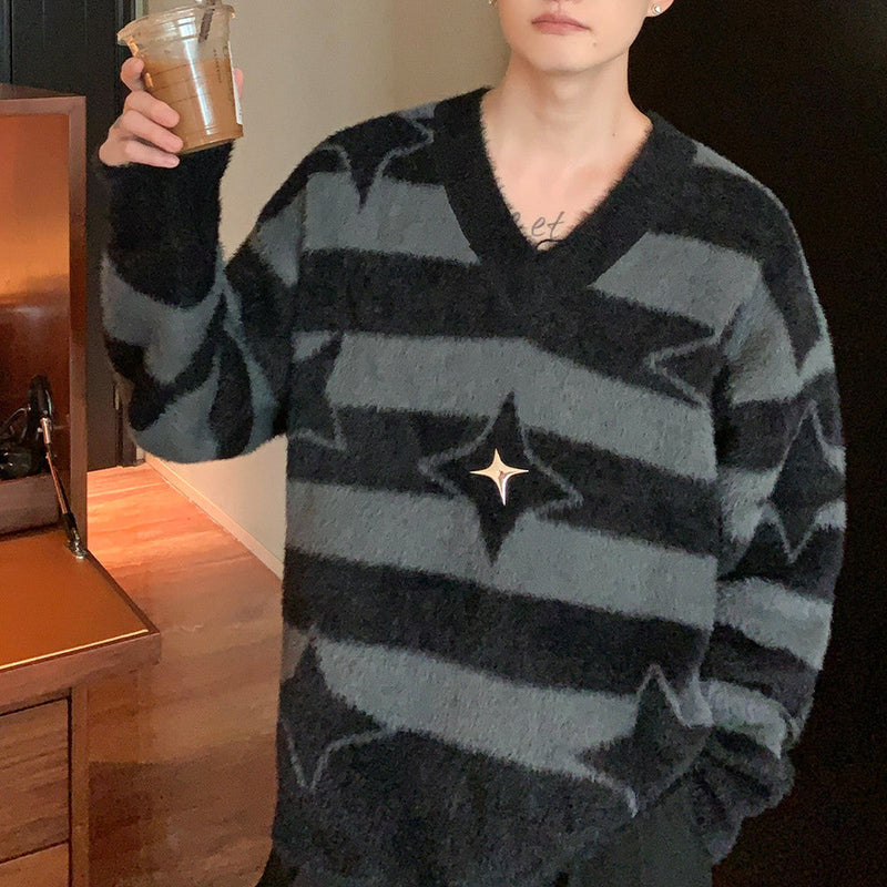 Striped Contrasting Color V-neck Sweater Men Loose Casual Style