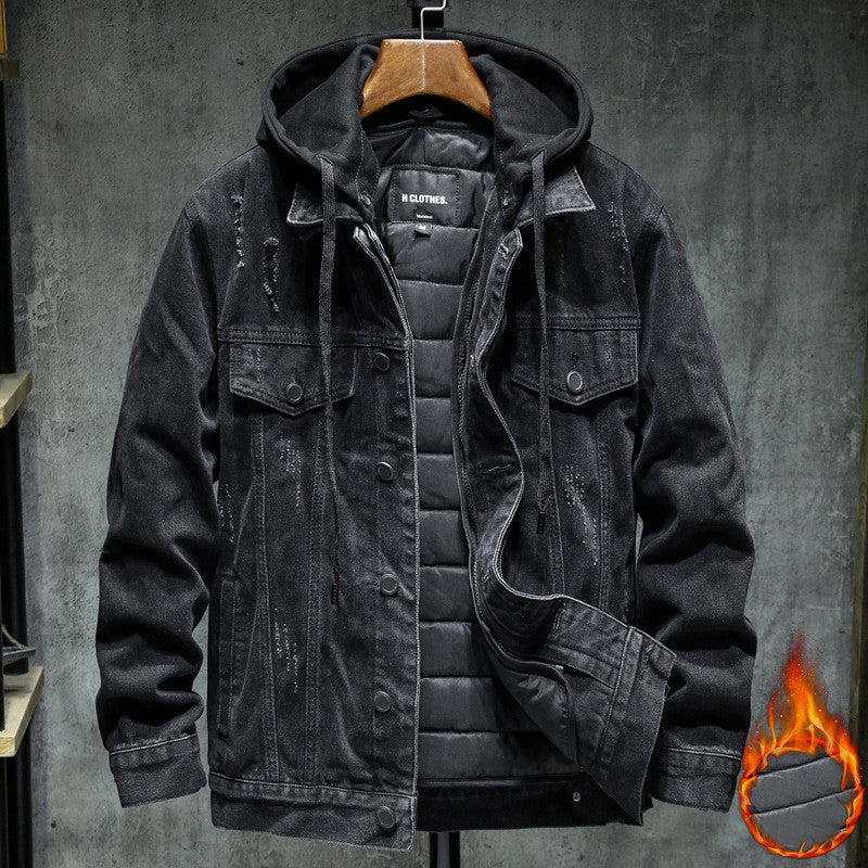 Thick hooded denim jacket men