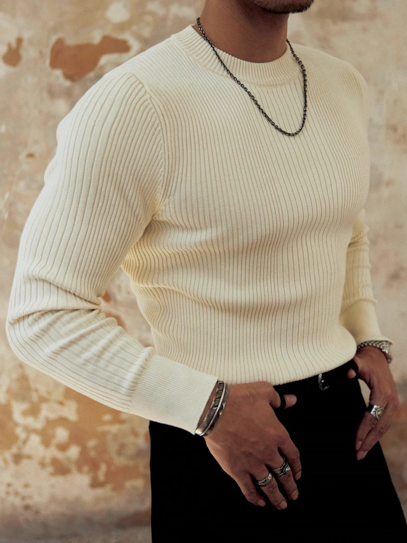 Men's Round Neck Solid Color Striped Long-sleeved Sweater