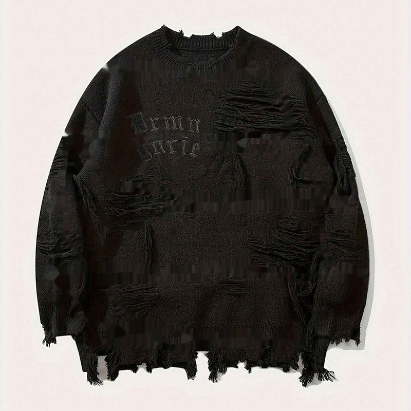 Dark Letter Jacquard Ripped Long Sleeves Warm Sweater