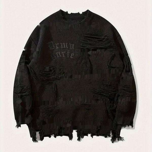 Dark Letter Jacquard Ripped Long Sleeves Warm Sweater