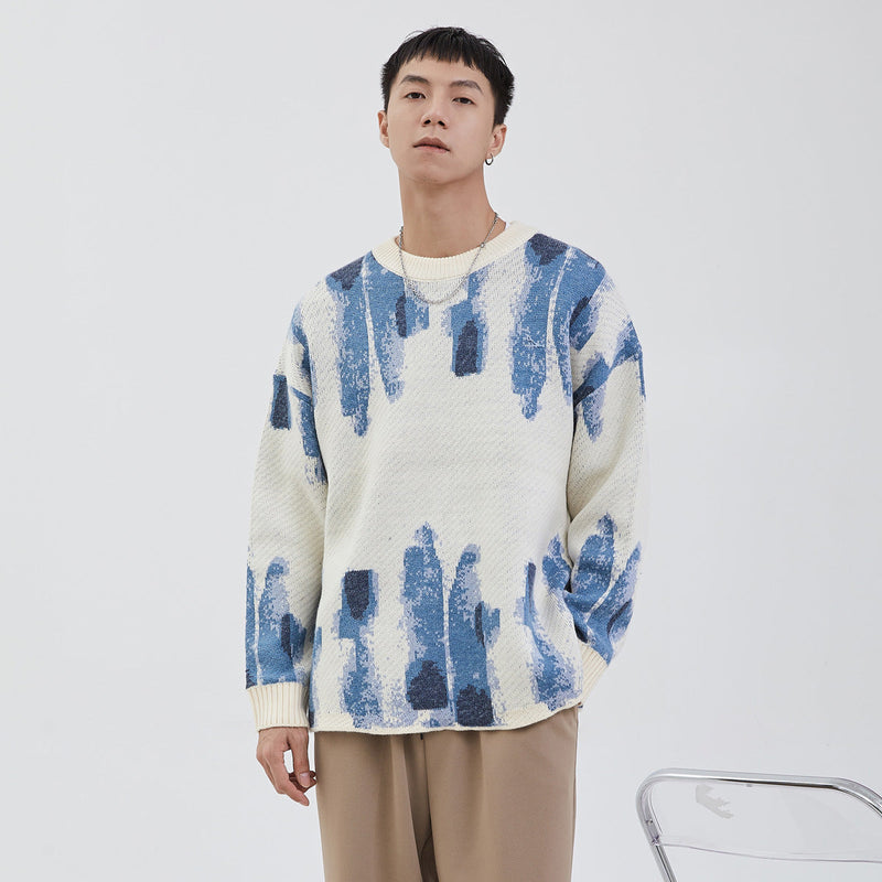 Blue Graffiti Watercolor Jacquard Casual Knit Loose Sweater