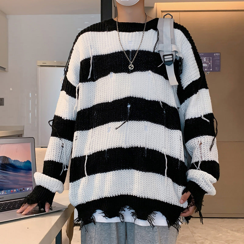 Men Ripped Fringe Striped Sweater