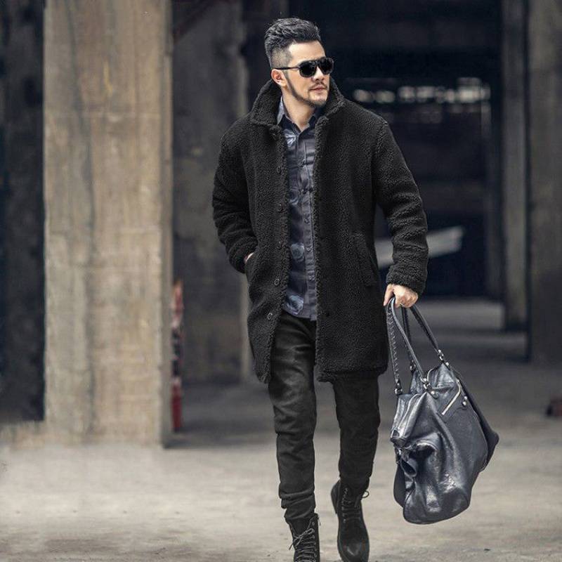 Cotton-padded Mid-length Faux Leather Lamb coat